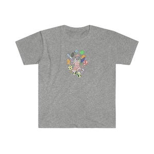 multicolor all sports logo unisex softstyle t-shirt pastel pink print