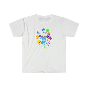 dewey does multicolor blue all sport logo unisex softstyle t-shirt