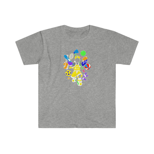 dewey does multicolor yellow all sport logo unisex softstyle t-shirt