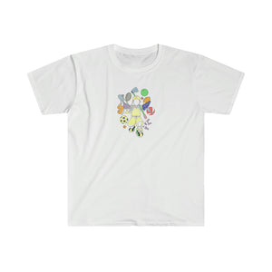 multicolor all sports logo unisex softstyle t-shirt pastel yellow print
