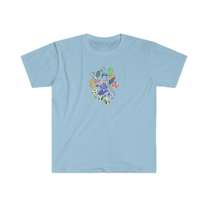 multicolor all sports logo unisex softstyle t-shirt pastel navy blue print