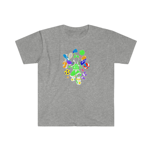 dewey does multicolor green all sport logo unisex softstyle t-shirt