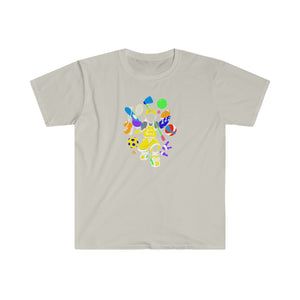 dewey does multicolor yellow all sport logo unisex softstyle t-shirt